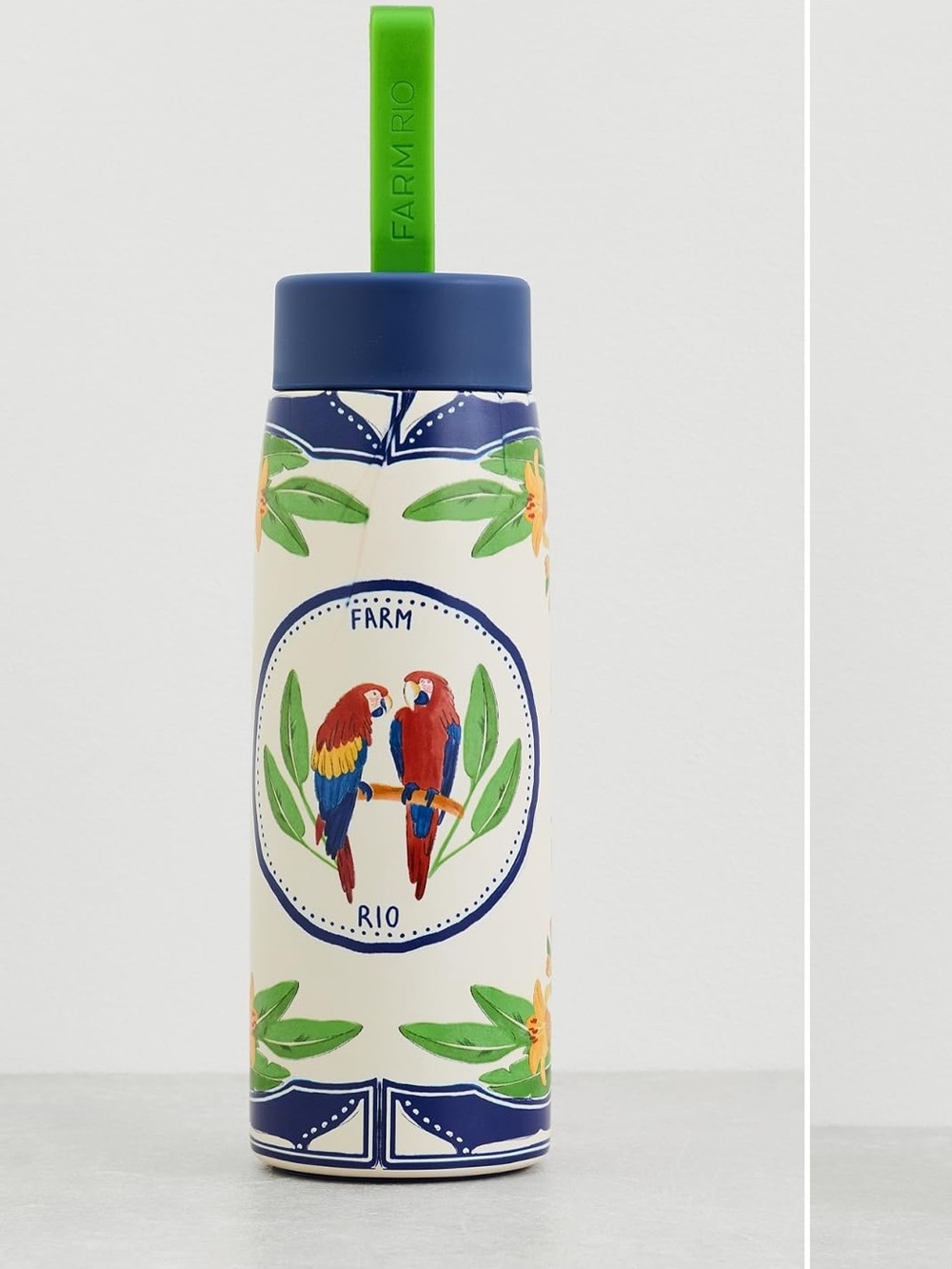 FARM Rio Cream Water Bottle with Blue Top and Green Strap Featuring Parrot Motif